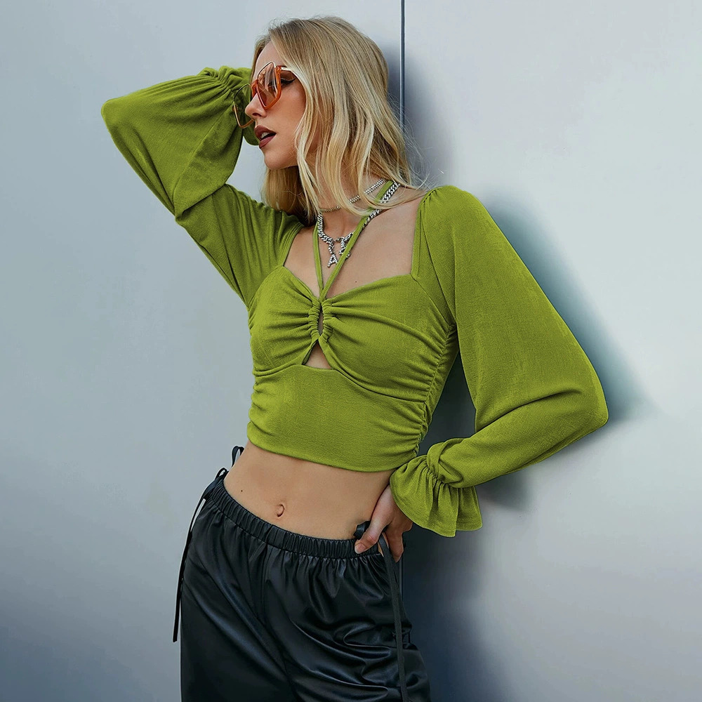 ZARA Fall Winter Sexy Cutout Long Puff Sleeve Crop Top